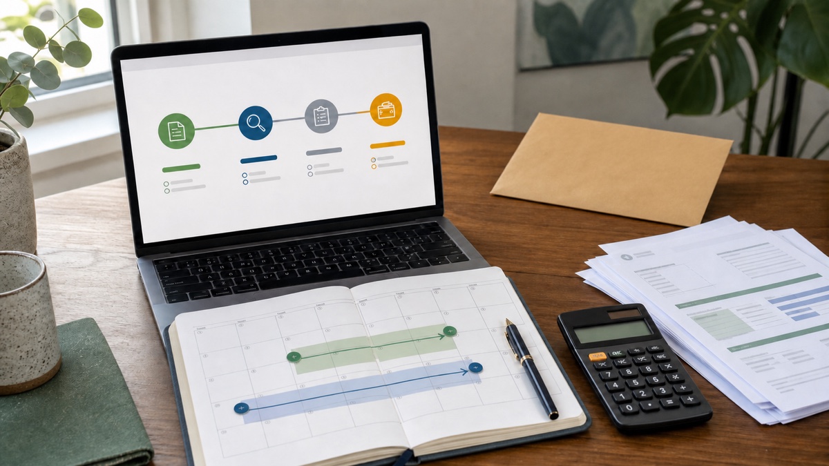 Home tax desk with an online refund-status timeline, calendar paths, paper-return envelope, and calculator
