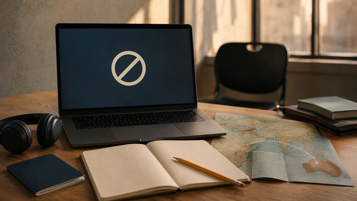 Language-test preparation desk with an unavailable symbol on a laptop and a map route toward Australia