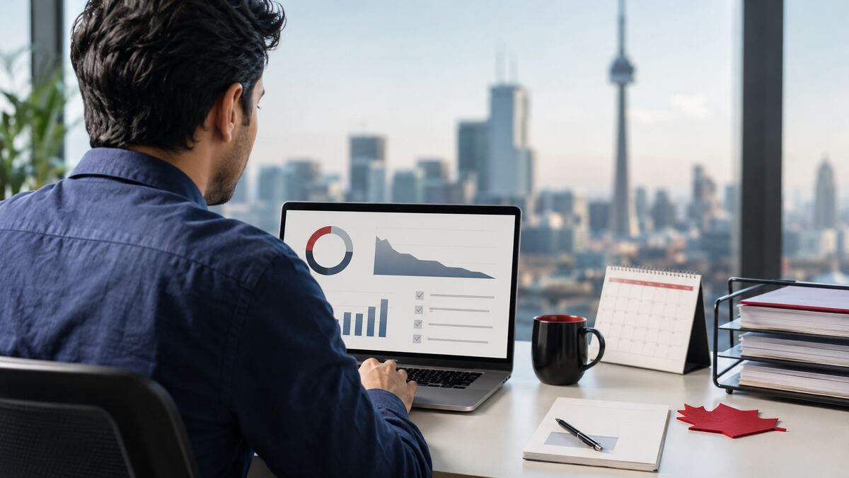 Canadian skilled professional reviewing an abstract application ranking dashboard at a Toronto office desk