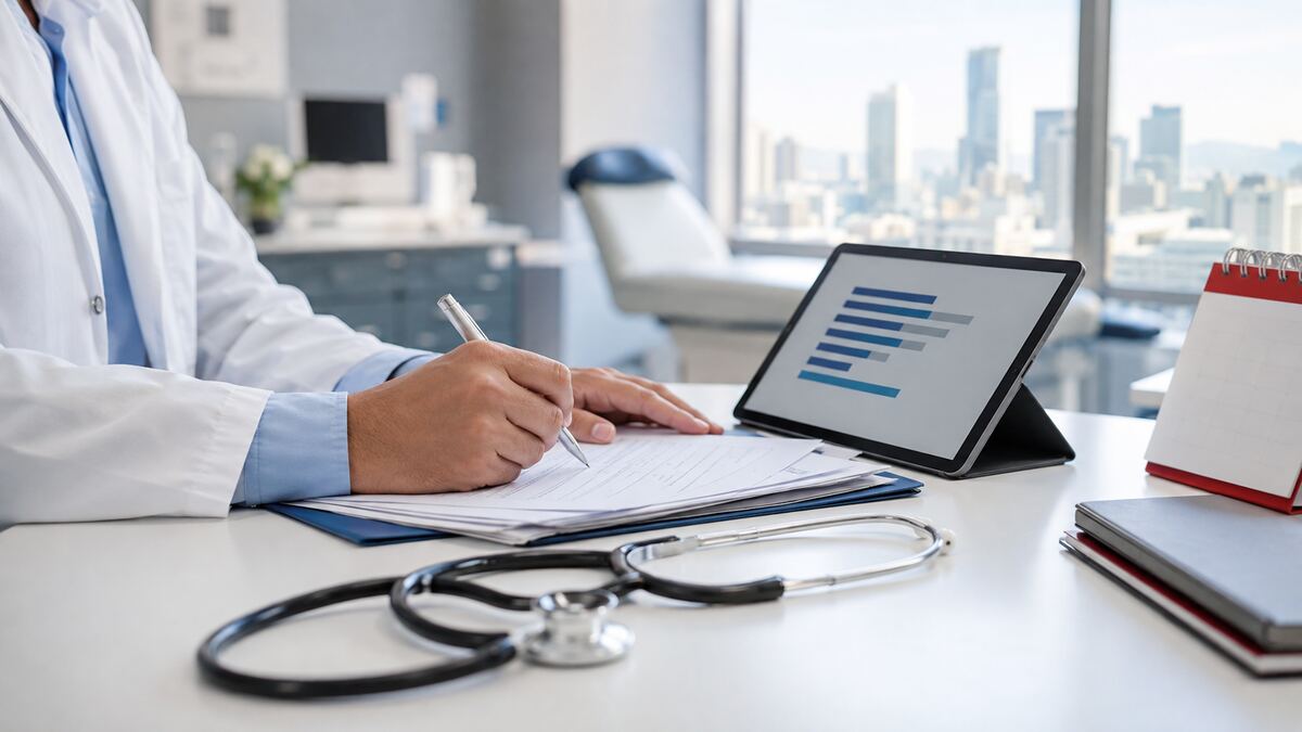 Physician reviewing application papers and an abstract ranking chart beside a stethoscope