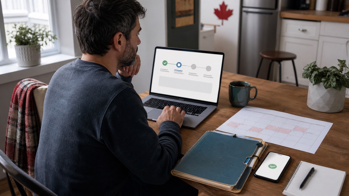 Worker checking an Employment Insurance claim beside a four-week calendar and employment records