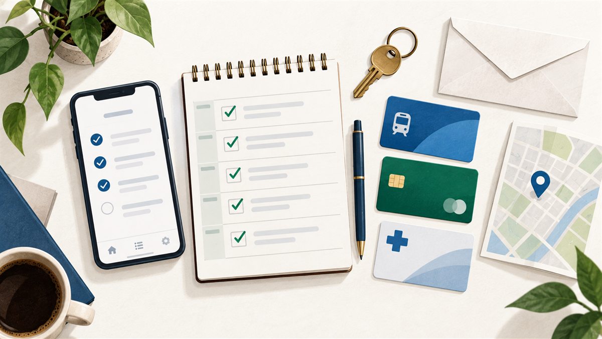 Checklist, phone, house key, transit card, bank card, health card, envelope, and map arranged as a new-arrival setup plan