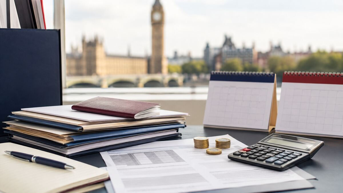 UK immigration planning desk with application folders, calculator, pound coins and calendars overlooking Westminster