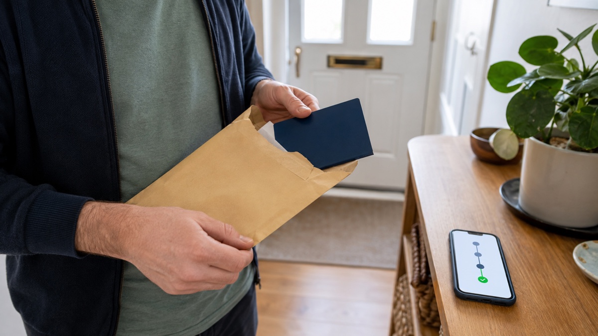 UK passport recipient opens a tracked delivery envelope beside a delivery update