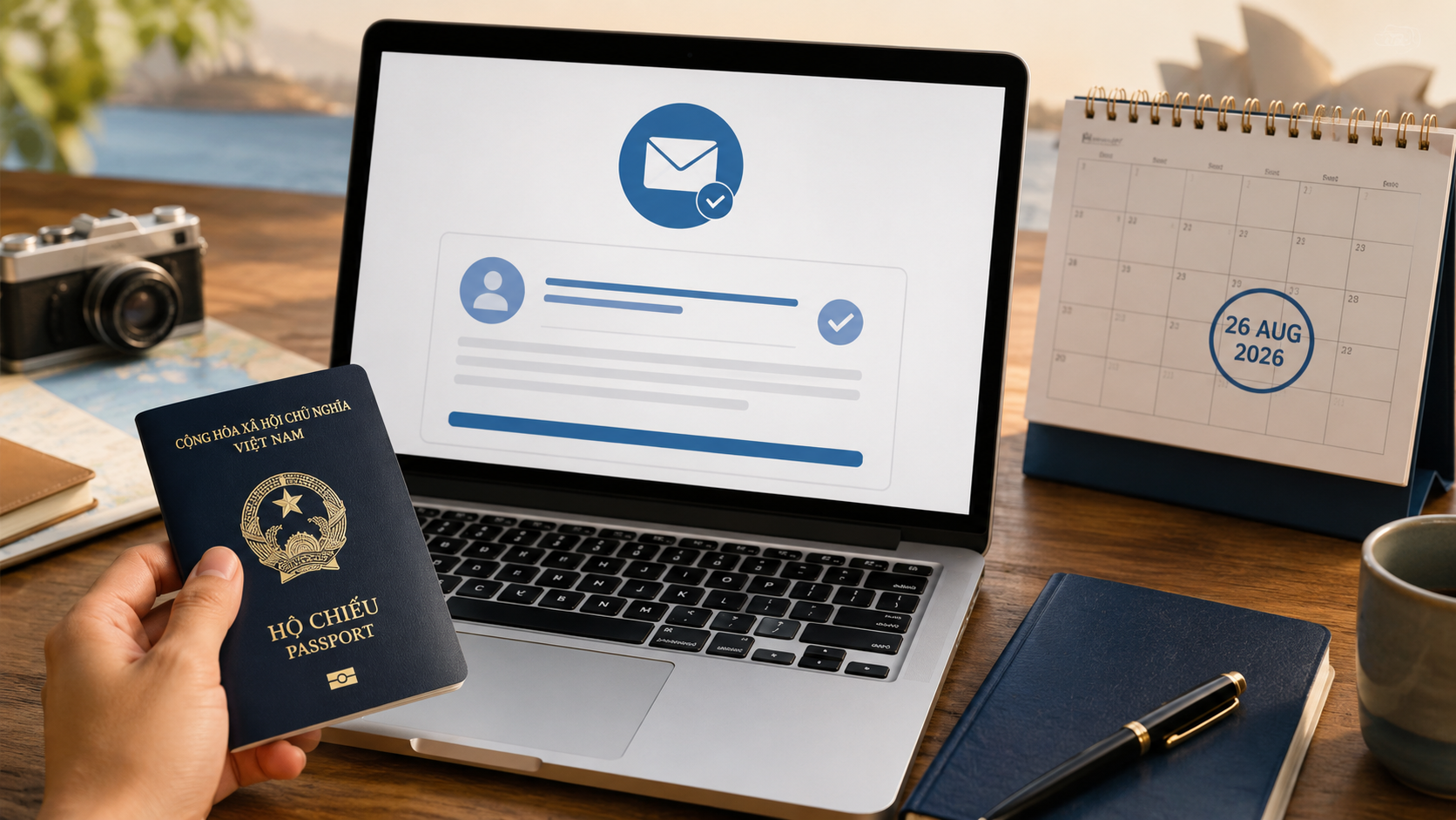 Vietnamese passport beside a calendar marking 26 August 2026 and a selection notice on a laptop