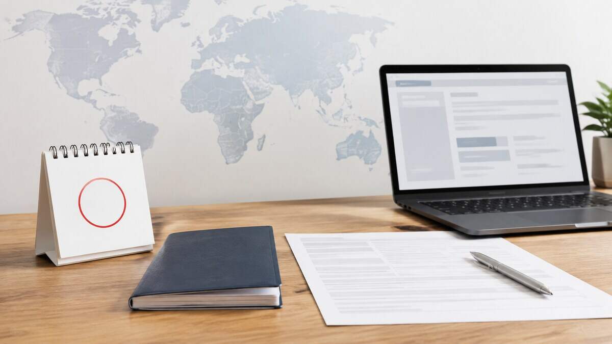 Canadian immigration documents and calendar beside a laptop showing an application interface