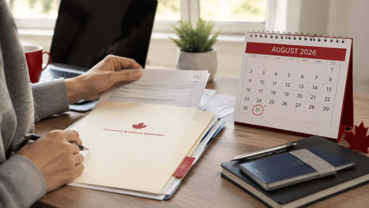 Hong Kong permanent-residence applicant organizing documents beside a calendar marking August 31, 2026