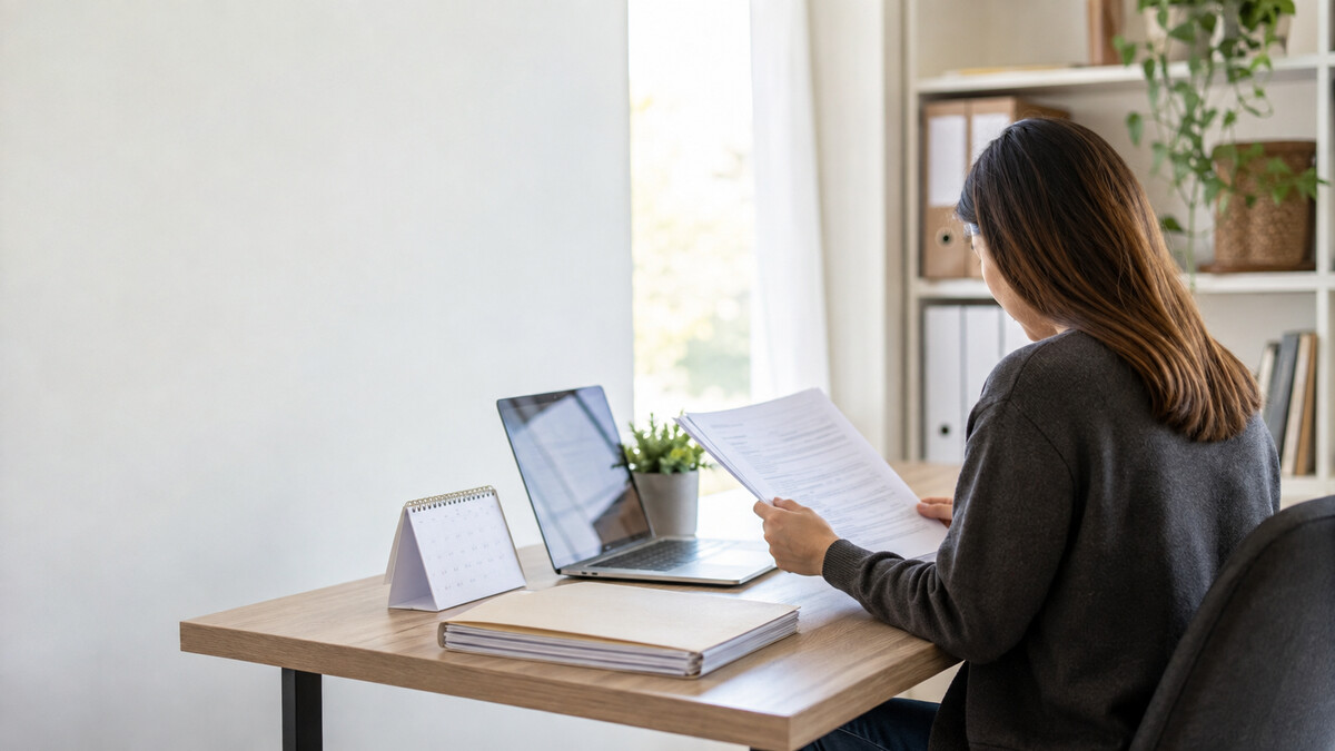 Applicant reviewing Canadian temporary-resident application forms beside a laptop and calendar