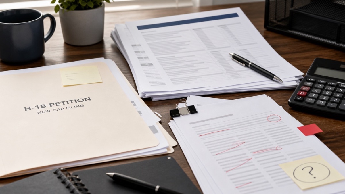 Employer reviews a new H-1B cap petition beside budget papers and a calculator