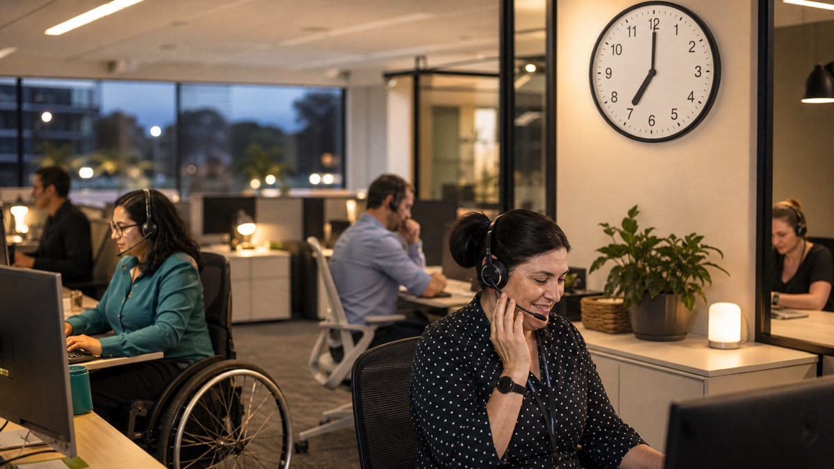 Contact-centre staff taking evening calls beneath a wall clock showing the new 7 pm closing time