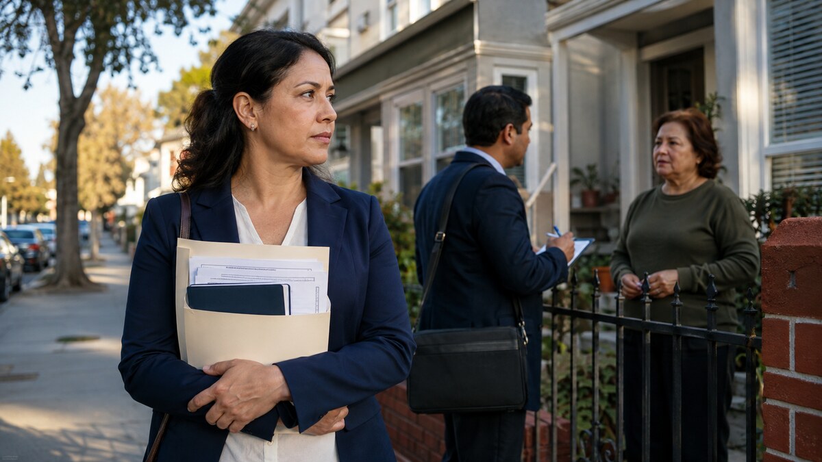 Naturalization applicant holding documents while an officer conducts a neighborhood inquiry at a nearby home